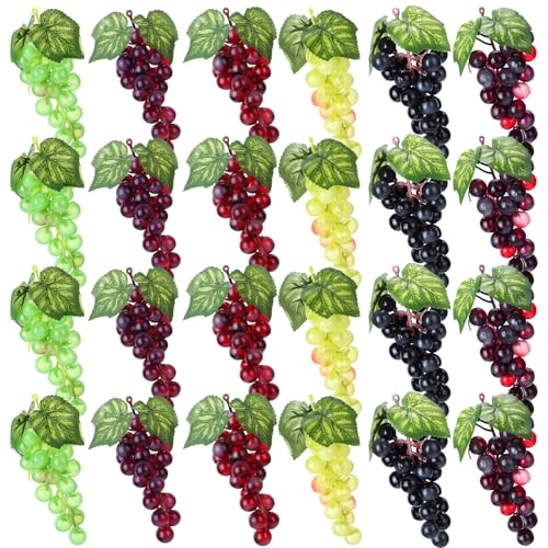 Wavyknot 24 Pcs Artificial Grape Rubber Fake Grapes Bunches with Vines Leaves Faux Lifelike Fruits Ornament for Wedding Outdoor Decoration Garden Home 6 Colors