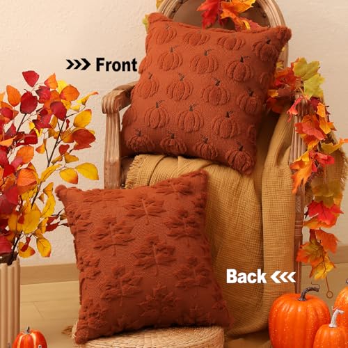 Pumpkin Fall Decorative Throw Pillow Covers 20"x20", Set of 2 Rust Red Soft Faux Fur Pillow Covers for Autumn Harvest, Fluffy Plush Accent Pillow Cases for Farmhouse Couch Cushion Covers