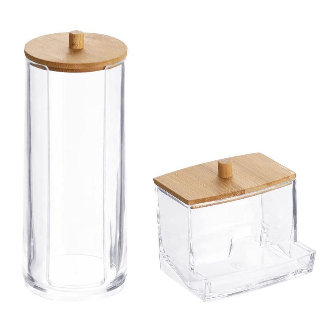 Takingup Cotton Swab Dispenser | Cotton Pads Holder Multifunction Plastic Cosmetics Storage Jar with Bamboo Lid 2Pcs