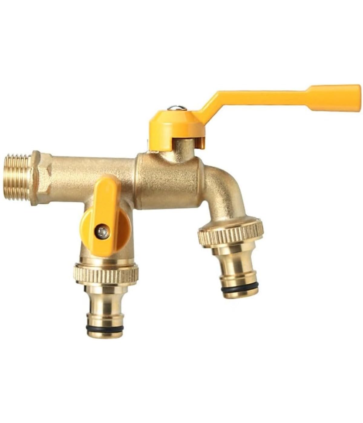Grifo universal de doble salida para jardín, válvula de bola para exteriores, conector de manguera de 1/2 y 3/4 pulgadas para lavadora de jardín, uso doméstico e industrial