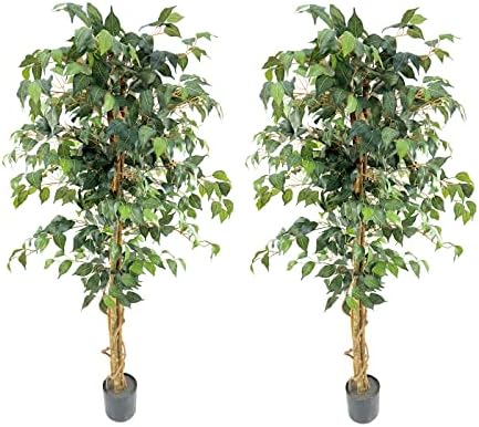 VIGGDA Artificial Ficus Trees 5ft（2pack） with Silk Leaves and Natural Trunk, Faux Ficus Tree with Sturdy Plastic Nursery Pot, Fake Ficus Tree for Office Home Farmhouse for Indoor Outdoor Decor