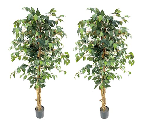 Viggda Artificial Ficus Trees 5Ft（2Pack） With Silk Leaves And Natural Trunk, Faux Ficus Tree With Sturdy Plastic Nursery Pot, Fake Ficus Tree For Office Home Farmhouse For Indoor Outdoor Decor #TOP3