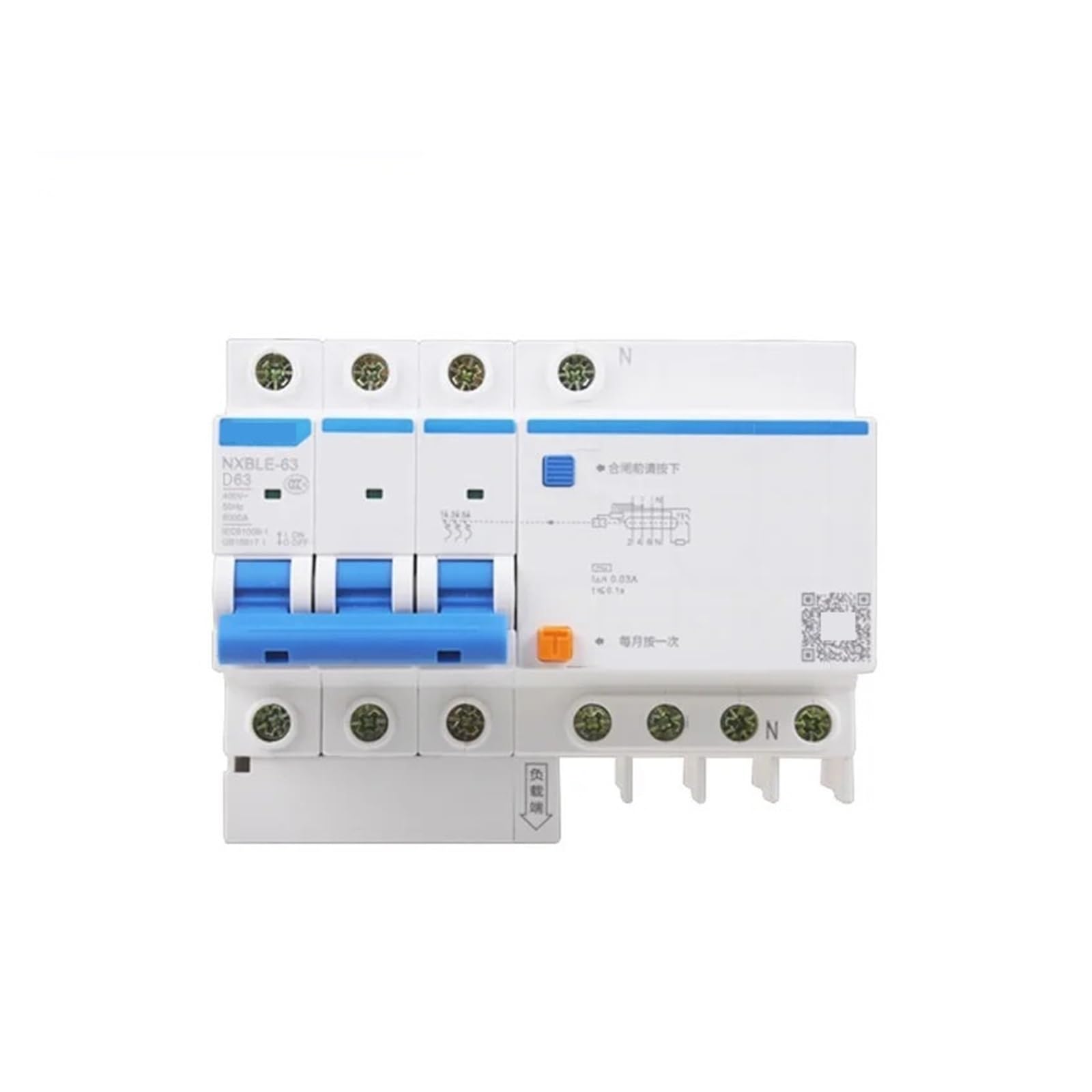 Disyuntor NXBLE-63 Interruptor diferencial RCBO 6KA Tipo D 3P 30 mA 50 Hz 6 A 10 A 16 A 20 A 25 A 32 A 40 A 50 A 63 A(16A-10x38 Holder-Fuse)