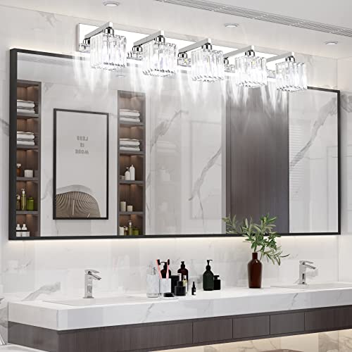 Image of Aipsun Bathroom Light Fixtures Modern Vanity Light for Bathroom Crystal Chrome Vanity Light 5 Light (Exclude Bulb)
