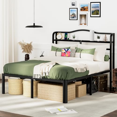 RmagineX Marco de cama de tamaño matrimonial con cabecero, marco de cama matrimonial, no necesita somier, marco de cama de metal negro de 14 pulgadas de alto, con espacio de almacenamiento de estación