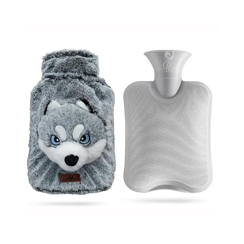 suitmine Hot Water Bottle PVC 2L Leak-Proof with Removable Plush Cute Husky Cover for Pain Relief Hot and Cold Therapy,Hands Feet Abdomen and Neck Warmer,Cord Lock,Grey