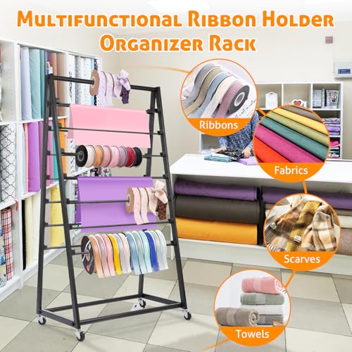 Image of WICHEMI 15 Tier Ribbon Storage Organizer, Double-Sided Metal Ribbon Rack with Wheels, for Craft Vinyl Rolls Scarf Belt Towel Organizer Shelf, Black