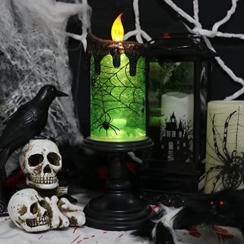 Image of Halloween Flameless Candle Snow Globe Battery Operated with 6 Hour Timer, Green Light Spider Decal Water Tornado Lamp LED Candlestick Halloween Season Decor Gift 4 x 10 Inches