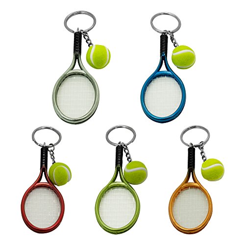 SPHTOEO Creative Alloy Sport Style Tennis Ball Keychain Tennis Racket Key Chain Key Ring 5 Color Set