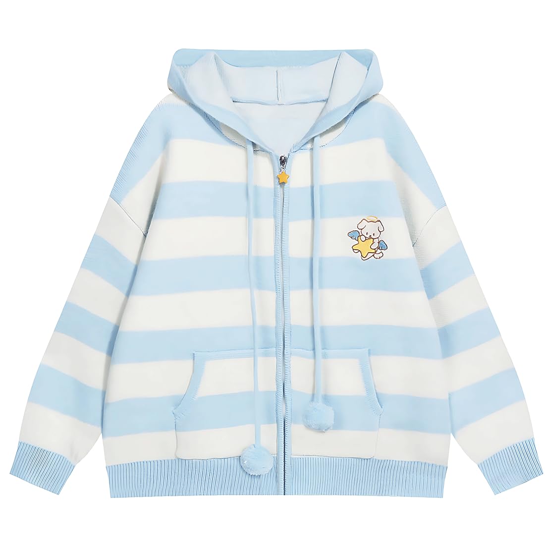 Harajuku Y2K Kawaii Goth Fashion Zipper Soft Knitted Cute Embroidery Doggy Trim Stripe Hooded Cardigan Sweater