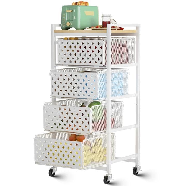 Xpatee 5 Tier Kitchen Storage Cart with Wheels, Utility Fruit Vegetable Storage Rack Stand with Pull-Out Baskets & Wood Top, Metal 4-Drawers Rolling