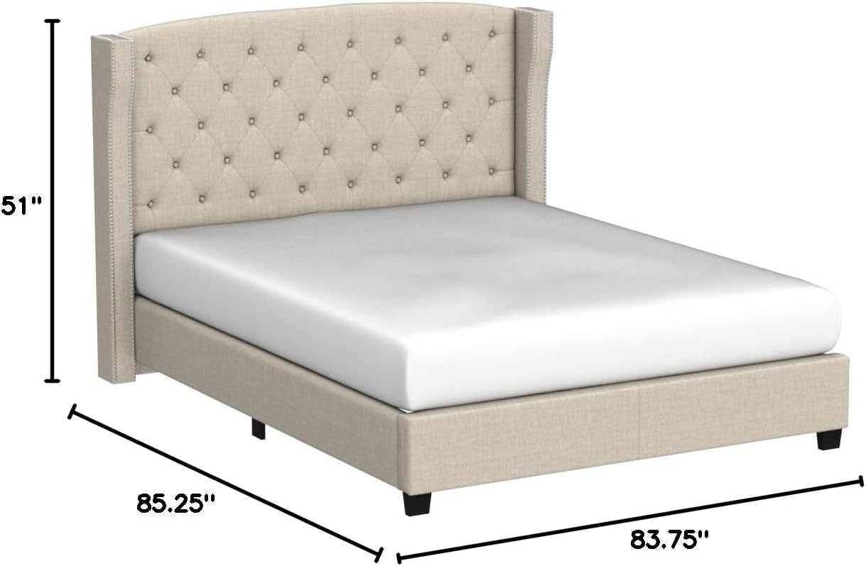Rosevera Essential Wingback Platform Bed Frame with Tufted Headboard/Fabric Upholstered Bed Frame/Wood Slat Support/Easy Assembly,King,Beige