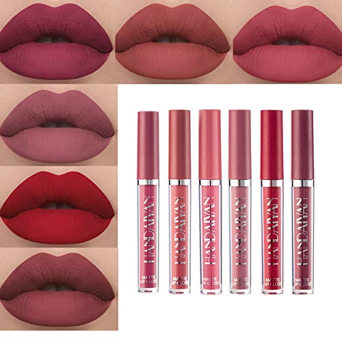 Matte Nude Liquid 6Pcs/Set Lipstick Velvety Long Lasting and Waterproof Makeup Set Non-Stick Cup Moisturizer Durable Lip Gloss kit (A)
