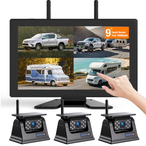Image of 3 Magnetic Solar Wireless Backup Camera for Truck, 9 inch Portable 1 Min Easy Install Scratch-Proof No Delay Touch Screen Monitor System True 15000mAh Rechargeable Reverse Camera for Tractor Excavator