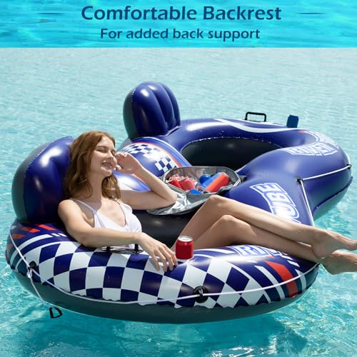 Image of Jasonwell Inflatable River Tube Float - 2 Person Heavy Duty River Float Pool Floats with Removable Cooler Lake Water Tubes for Floating River Raft Lounge Floatie with 2 Cup Holders for Adults (D-Blue)