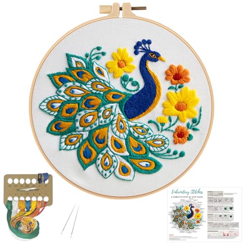 Image of Louise Maelys Peacock Flower Embroidery Kits for Beginners,Cross Stitch Kit for Adults,DIY Needlepoint Kits Including Embroidery Hoop,Instruction and Threads