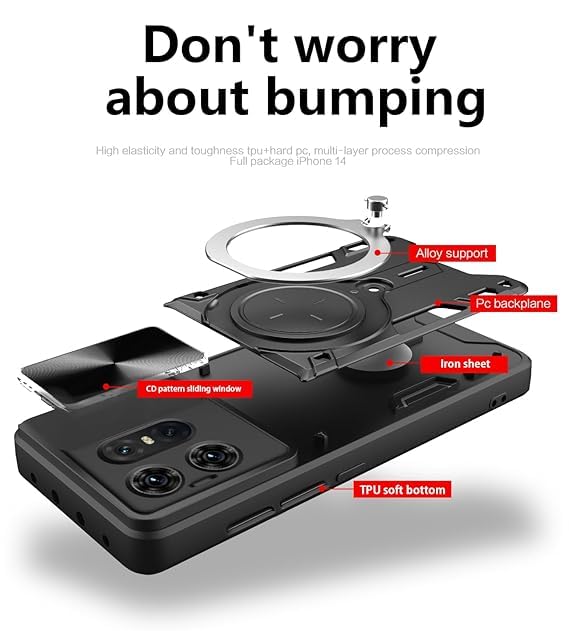 Image of Designerz hub Motorola Edge 60 Fusion 5G Back Case | Hybrid Case with 360 Degree Rotating Finger Ring Holder + Slider Shutter Camera Protection Case for Motorola Edge 60 Fusion 5G- Blue