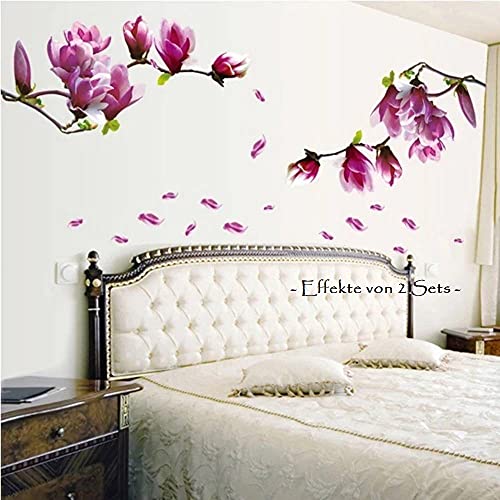 Wandsticker4U®- Wandtattoo Blumen MAGNOLIE lila I Wandbild: 150x55 cm I Wandsticker Blüten Baum-zweige Blätter Pflanzen Aufkleber I Wand Deko für Wohnzimmer modern Schlafzimmer Küche Bad Flur