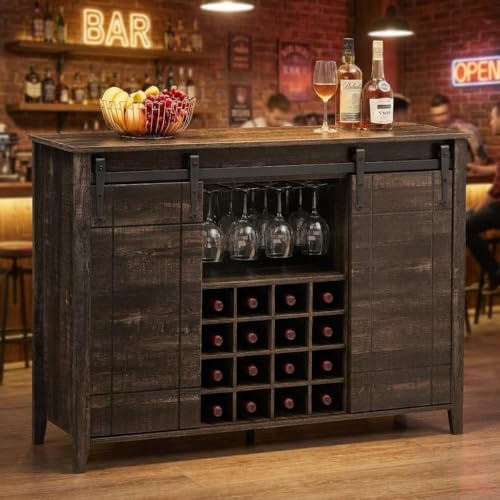 Image of GAOMON Bar Cabinet with Barn Doors, Farmhouse Style Wine Storage Unit with Drawer and Open Shelves, Burnt Wood Finish for Home Bar & Party Hosting