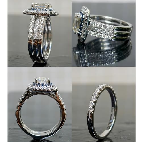 DovEggs Emerald Cut Moissanite Engagement Rings for Women 2.9ct total GHI Moissanite Halo Moissanite&Blue Sapphire Accents 14k Gold QUALITY Sterling Silver Enhancer Wedding Ring Sets3