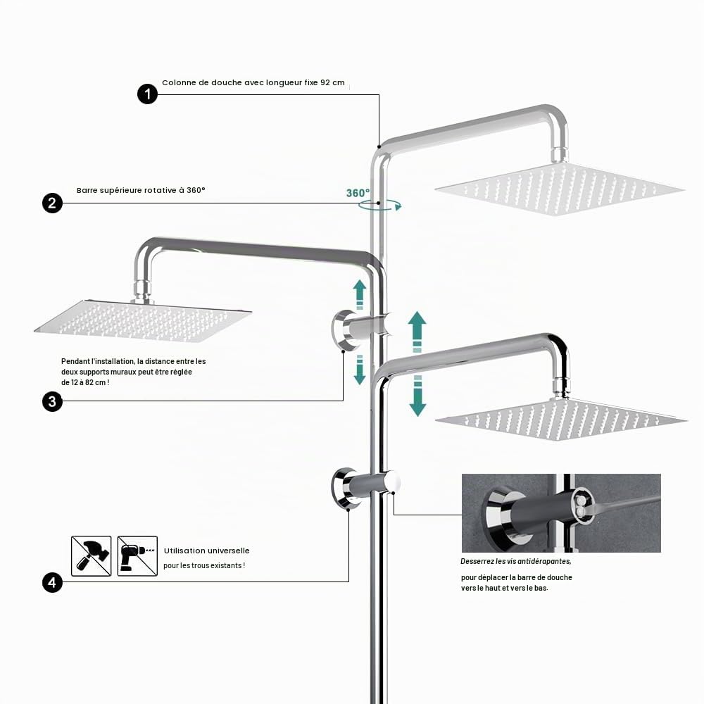 JOHO Barre de douche en acier inoxydable, Colonne de douche avec Support mural réglable compatible avec les trous de perçage existants, 91 cm avec support de douchette, Chromé