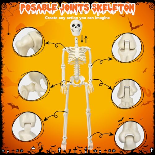 Askill 36" Skeleton Halloween Decorations, 3FT Posable Skeleton with Dog & Cat Skeleton - 5 in 1 Creepy Plastic Movable Joint Skeleton for Halloween Party Yard Decor (36inch)3