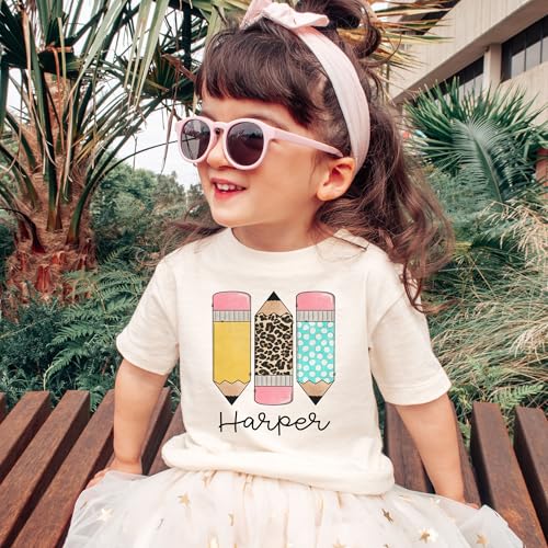 Girls Personalized Back to School Shirt - Custom Name T-Shirt with Cute Pencils, Leopard Print, and Polka Dots - Perfect First Day of School Outfit - Natural Toddler & Youth T-Shirt2