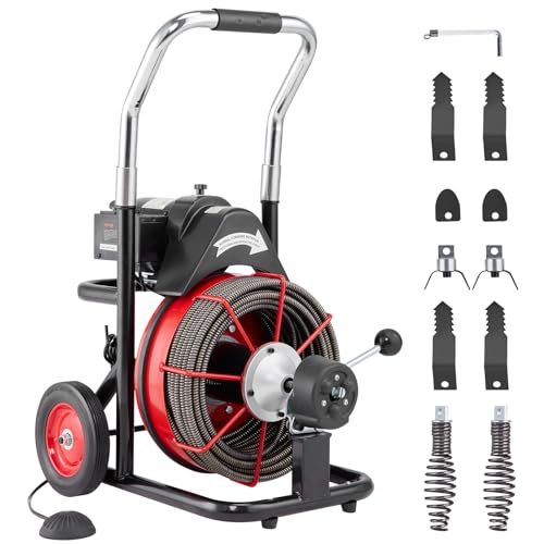 VEVOR Drain Cleaner Machine 100FT x 1/2 Inch, Auto Feed Sewer Snake Auger on Wheels, 550W Portable Drain Cleaning Machine with 8 Cutters & Air-activated Foot Switch for 2' to 4' Pipes
