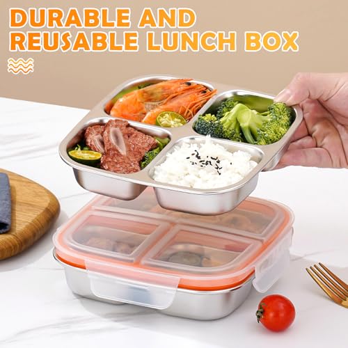 QGGTQG Snackbox mit 4 Fächern 2 Stück Edelstahl Brotdose 600ML Leckdichte Snackdose mit Deckel Wiederverwendbare Brotdose Kinder Metall Lunchbox für Obst, Gemüse, Fleisch, Süßigkeiten, Nüsse (Weiß)