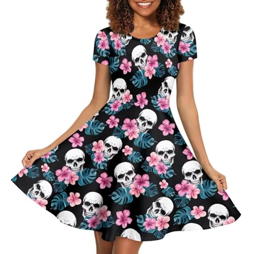 Image of HUGS IDEA Womens Puffy Swing Midi Dress Round Neck Short Sleeve Party A-Line Dresses