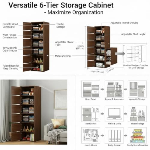 Image of EXVITO Engineered Wood Wardrobe for Bedroom | Foldable 6-Shelf Wooden Storage Cabinet | Cupboard Almirah for Clothes | Collapsible Wardrobe | Space Saving Wooden Cabinet - WALLNUT