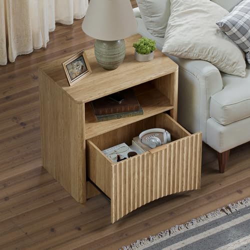 Image of Evermagin Fluted Nightstand Set of 2, Natural Oak Bedside Table with Drawer and Storage, Wood End Table Mid Century Modern, Large Night Stand for Bedroom