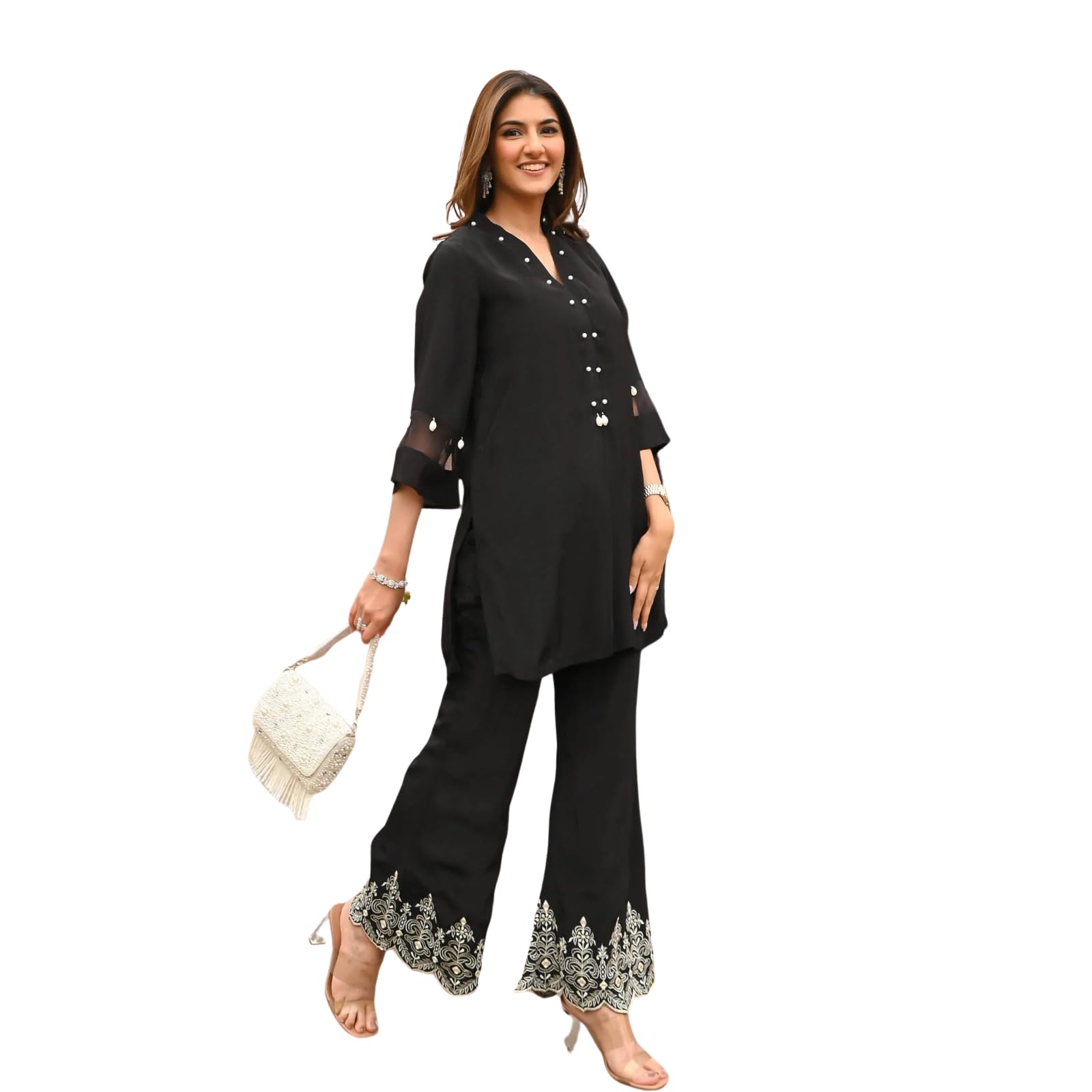 The Souled Store Aksara Collection Women's Cotton Embroidered Co-Ord Set Elegant Summer Two-Piece Outfit (Black) in black