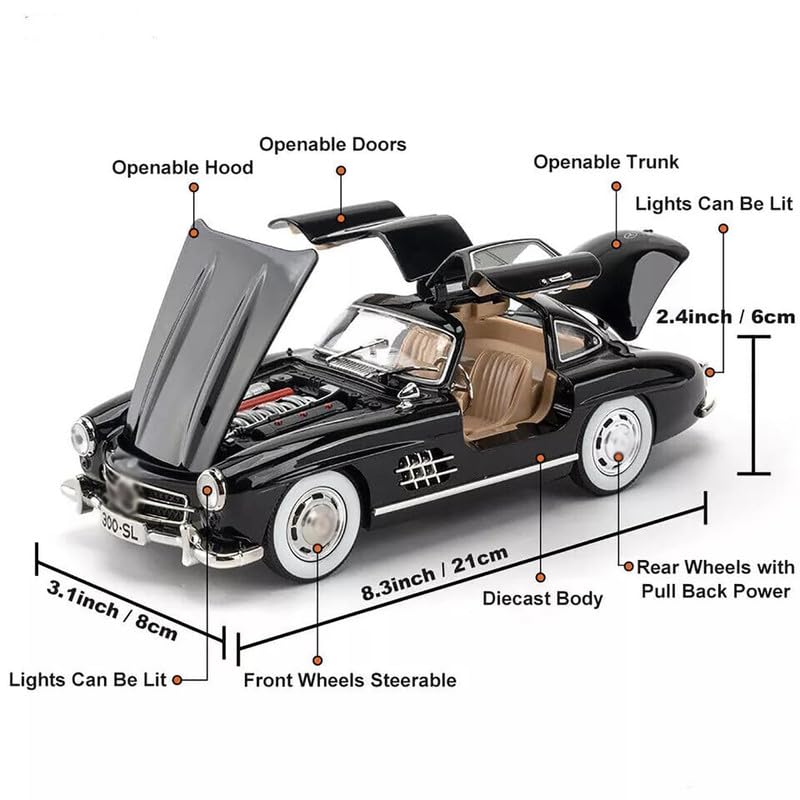 Image of Kids Model 1:24 Vintage 300 SL Classic Die Cast Metal Car Pull Back Action Opening Doors with Realistic Engine Sound Lights Toy Car Gift for Boys - Black