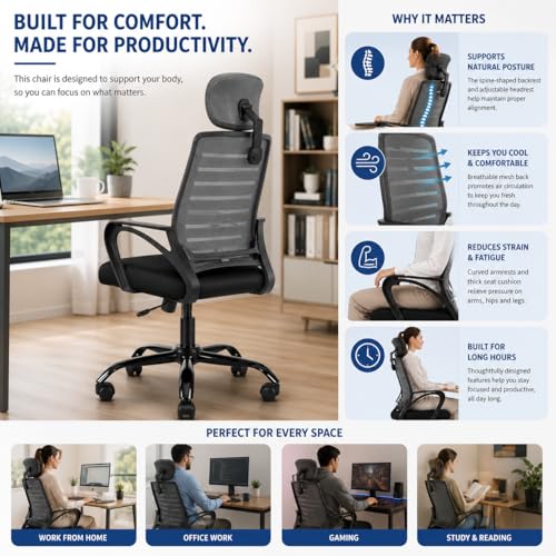 Image of HIGHLIVING Ergonomic Office Chair | Adjustable Headrest | 120 Tilt | Breathable Mesh Back | Moulded Foam Seat | Class 4 Gas Lift | Metal Base | High Back Computer Chair for Home & Office