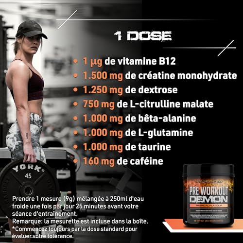Pre Workout Demon – Booster Pré-Workout Puissant avec Créatine, Caféine & Vitamine B12 – Saveur Tropicale – 360g – 40 Doses – Image 4