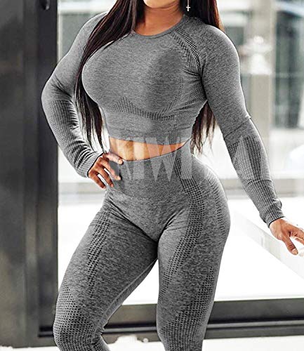 Image of KIWI RATA Long Sleeve Workout Crop Top for Women Gym Compression Shirts Thumb Hole Seamless Yoga Crop T Shirt Top, Grey, Large