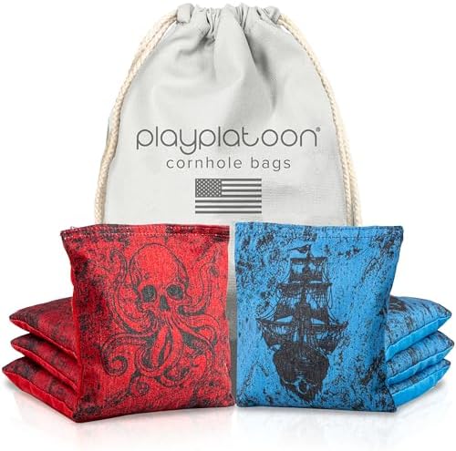 Play Platoon Professional Cornhole Bags Set of 8 - Regulation All Weather Double Sided Pro Corn Hole Bags - Sticky Side/Slick Side for Pro Cornhole Game - Red/Blue Kraken Pirate