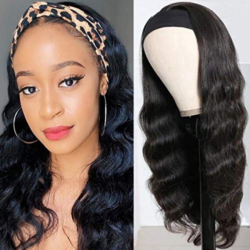 ZILING Headband Wig Human Hair Body Wave Headband Wigs for Black Women Glueless None Lace Front Wigs with Headband Attached 150% Density Half Wigs Natural Color 20 Inch