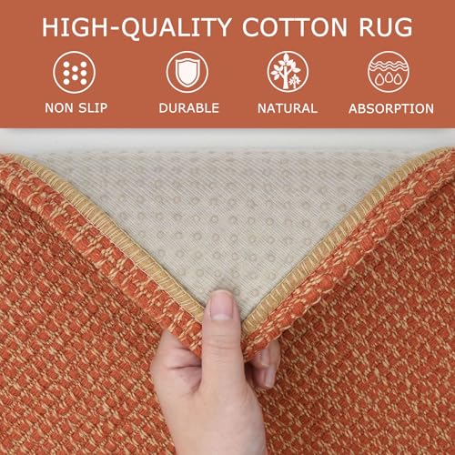 KOZYFLY Long Runners for Hallways 2x12 ft Washable Kitchen Runner Non Slip Rubber Backed Hallway Rugs Cotton Entryway Runner Rug Floor Carpet for Indoor Hall, Backdoor, Kitchen, Orange/Tan