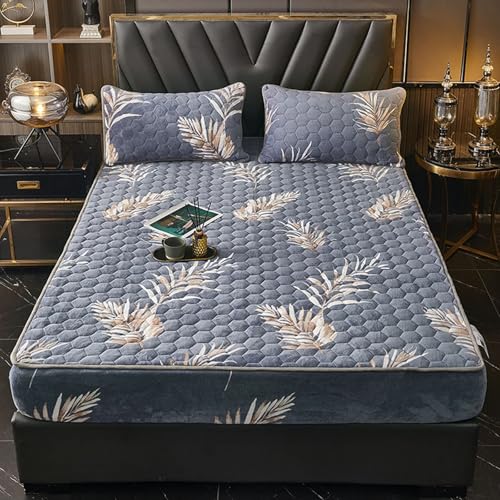 Homxi Sábana Bajera Protectora con 2 Fundas de Almohada,(90 x 200 cm),Bajera Cama Ajustable Patrón de Hojas Fundas Bajeras Cama Gris Azul