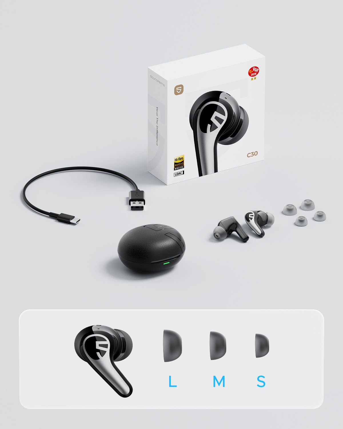 SoundPEATS C30 Noise Cancelling Kopfhörer Hybrid ANC -52 dB, LDAC & Hi-Res Audio, 12 mm Treiber, Bluetooth 6.0, 52 Std. Spielzeit, Schnellladung, IP54, 3 Mikrofone Windgeräuschfilter, Spatial Audio