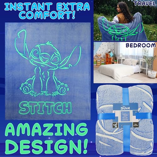 Image of Disney Stitch Glow in the Dark Throw Blanket 51x59 inch, Soft Fleece Throw Blanket for Sofa Bed, Cozy Warm, Gifts for Kids, Teens, Adults (Blue Stitch)