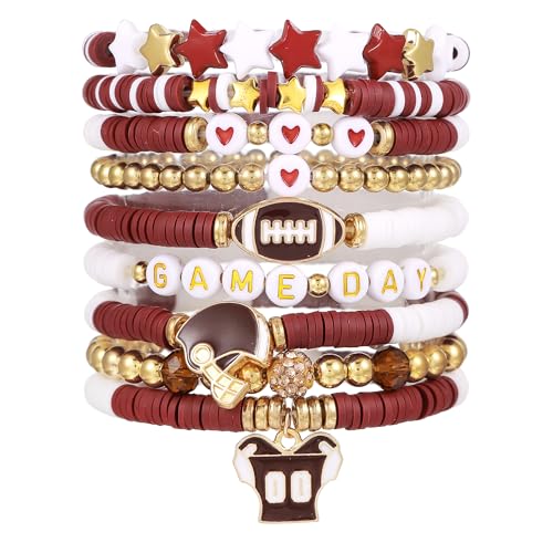 9pcs Football Bracelets for Women, Game Day Charm Bracelets Heishi Clay Beaded Stretch Bracelets Stackable Sports Bangles Football Mom Accessories Gifts