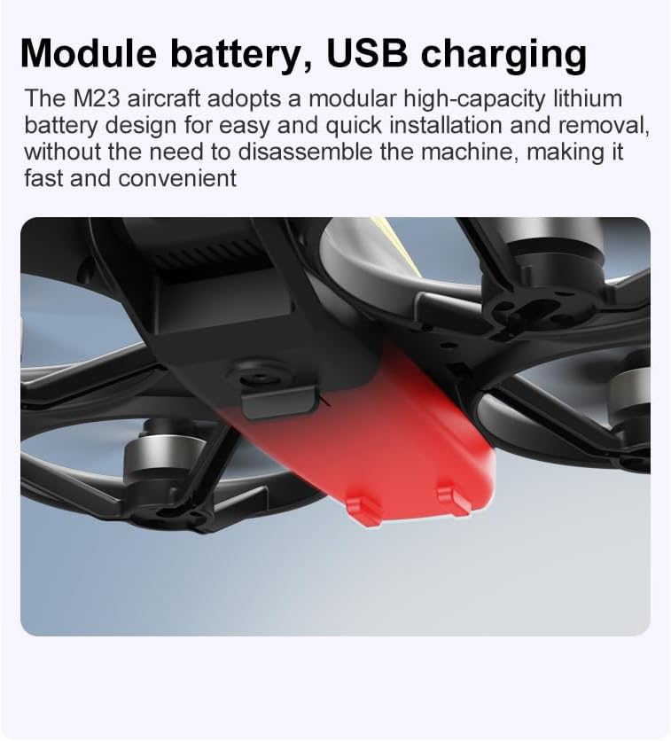Close-up of the SuperRC M23 drone's modular battery being inserted into the drone, illustrating easy installation and USB charging capability.