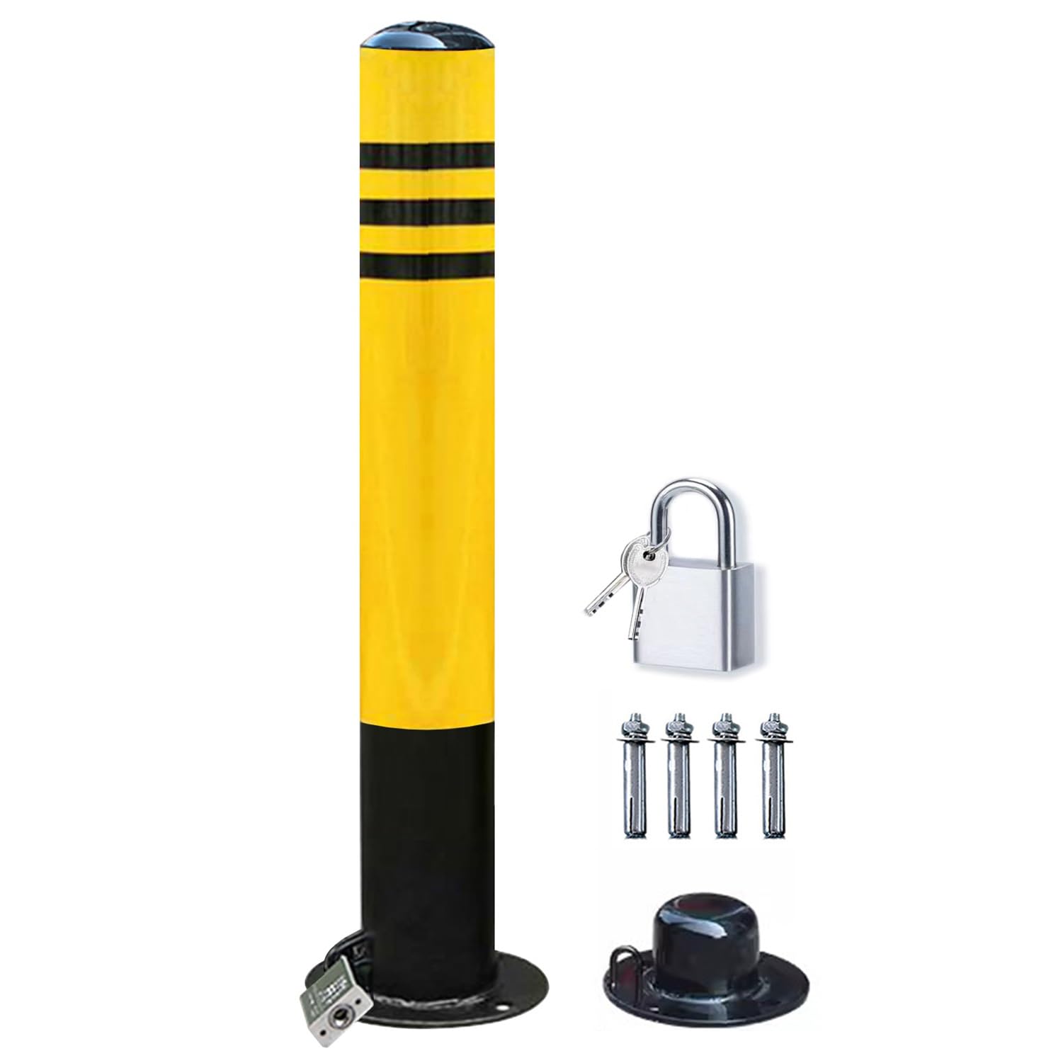 CWCQGH Security Barrier, Removable Metal Reflective Parking Safety Bollard with Padlock Black Yellow 500mm