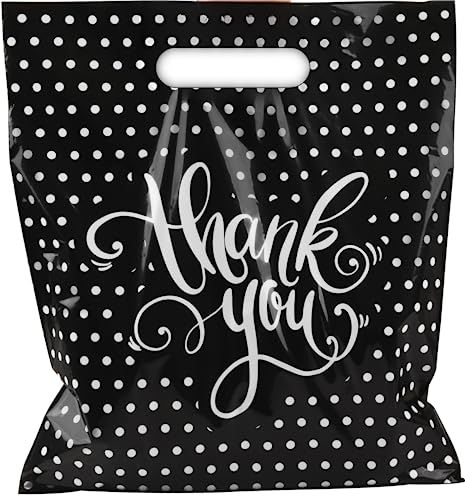 Camtoms Thank You Bags With Handles (12x15) - Medium Plastic Retail Merchandise Bags for Boutique, Small Business - Black Glossy Shopping Bags for Vendors