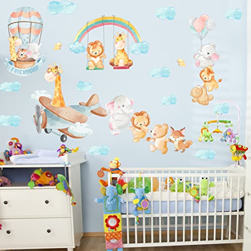 Cartoon Animals Wall Stickers Hot Air Balloons Animals Wall Decals For Baby Boy Girl Room Decor Decals Peel And Stick Airplanes Kids Wall Stickers Elephant Jungle Animal Wall Decals For Nursery Decor #TOP5
