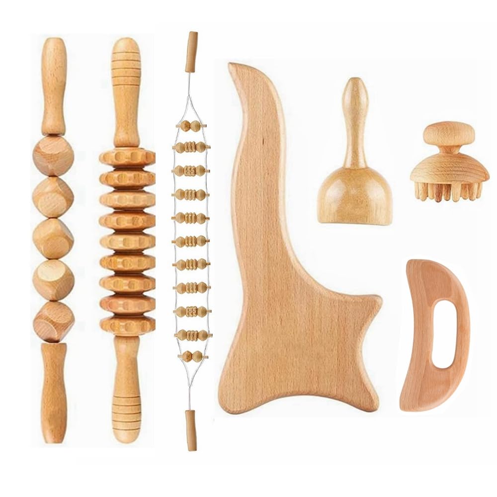 COOLBABY Beech Therapeutic Massage Tools Wooden Therapeutic Tools Body Sculpting Lymphatic Drainage Massager Anti-Cellulite Set For Muscle Pain Relief Cellulite(7PCS)
