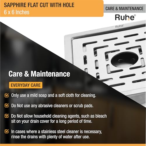Image of Ruhe Sapphire Square Flat Cut Floor Drain | 304-Grade Stainless Steel Floor Drainer with Hole & Cockroach Trap (6 x 6 Inches) | Floor Drainer for Bathroom, Balcony